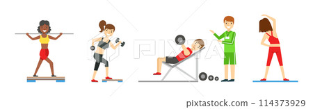 Fitness and Gym with People Character Do Workout Exercise Vector Set 114373929