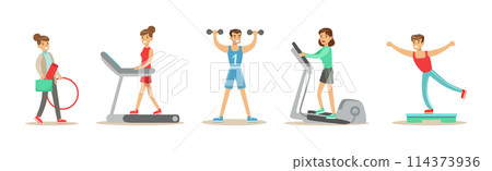 Fitness and Gym with People Character Do Workout Exercise Vector Set 114373936