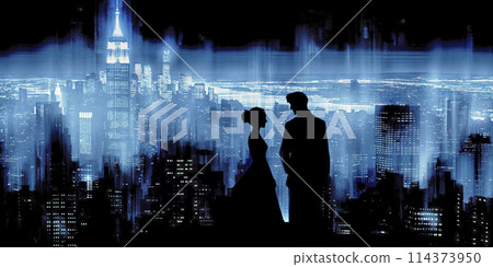 Silhouette of a couple against the blue lights of a cityscape, abstract digital depiction 114373950