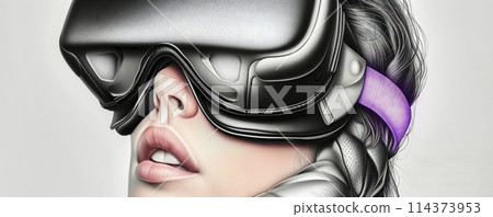 Detailed close-up drawing of a woman's face with video goggles 114373953