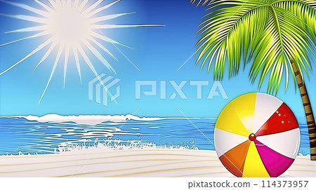 Simple colorful digital drawing of a tropical beach with beach ball, palm tree, and shining sun Simple colorful digital drawing of a tropical beach with beach ball, palm tree, and shining sun 114373957
