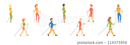 Man and Woman Character Practicing Nordic Walking Vector Set Man and Woman Character Practicing Nordic Walking Vector Set 114373958
