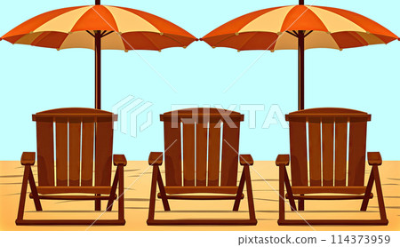 Simple digital illustration of three wooden beach chairs and two parasols, concept of summer vacation Simple digital illustration of three wooden beach chairs and two parasols, concept of summer vacation 114373959