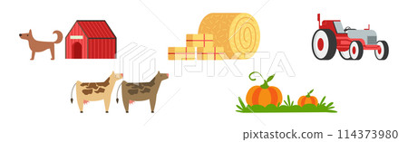 Farm and Ranch Rural Object with Cow, Hay, Tractor and Pumpkin Vector Set 114373980