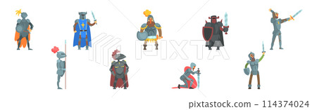 Medieval Knight Character Wear Armor with Sword Vector Set Medieval Knight Character Wear Armor with Sword Vector Set 114374024