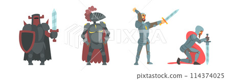 Medieval Knight Character Wear Armor with Sword Vector Set Medieval Knight Character Wear Armor with Sword Vector Set 114374025