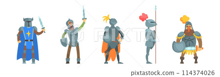 Medieval Knight Character Wear Armor with Sword Vector Set Medieval Knight Character Wear Armor with Sword Vector Set 114374026