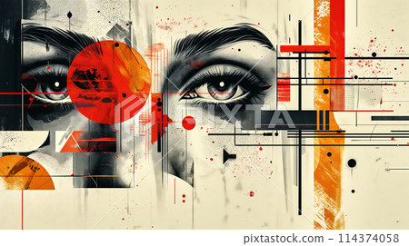 piercing and intense eyes of female face behind abstract geometric shapes and lines 114374058