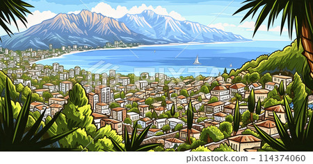 colorful naive drawing of a city on the shores of the Mediterranean Sea in a bay with mountains in the background, concept summer vacation 114374060