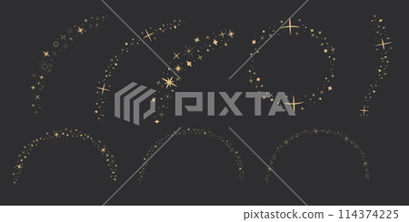 Gold star arch celestial, blink star mystic ornament, shiny minimal decoration on dark background. Shiny elements, starry and dots silhouettes. Comets stars and abstract constellations. Gold star arch celestial, blink star mystic ornament, shiny minimal decoration on dark background. Shiny elements, starry and dots silhouettes. Comets stars and abstract constellations. 114374225