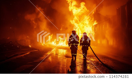 Two firefighters advance towards a massive fire engulfing a structure at night 114374281