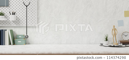 A doctor's office desk features an empty space to display products and decorative objects. A doctor's office desk features an empty space to display products and decorative objects. 114374298