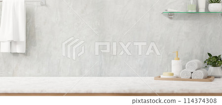 A modern luxurious bathroom table features a toiletry set and space for displaying products. A modern luxurious bathroom table features a toiletry set and space for displaying products. 114374308