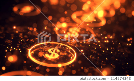 Dynamic and vibrant display of glowing dollar symbols encased in circles, illuminating dark backdrop. Illustration of wealth, prosperity, and financial growth, related to finance, economy, business Dynamic and vibrant display of glowing dollar symbols encased in circles, illuminating dark backdrop. Illustration of wealth, prosperity, and financial growth, related to finance, economy, business 114374348