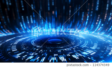 Futuristic, digital interface characterized by concentric circles of blue and white lights, data vortex or portal, concepts technology, data analysis, artificial intelligence, virtual reality 114374349