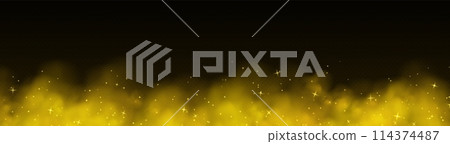 Yellow magic smoke with stars and sparkles, fog with glowing particles, colorful vapor with star dust. 114374487