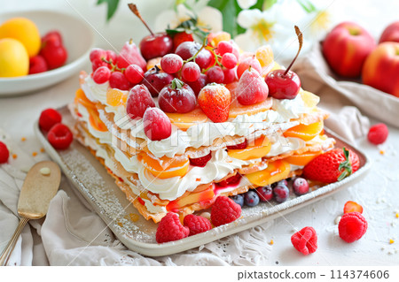 French dessert Mille Feuille with custard cream and strawberries on ceramic plate, powdered with sugar 114374606