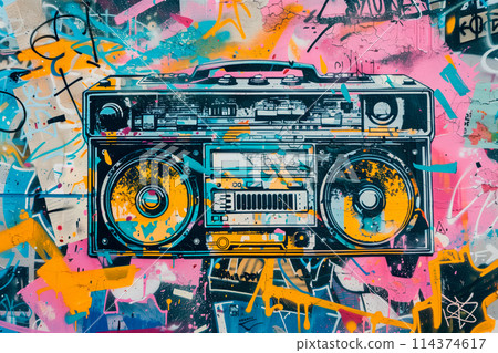 Boombox tape recorder with colorful funky arrows and notes , positioned in front of vibrant graffiti 114374617