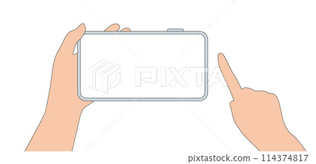 Simple line drawing of a person operating a landscape smartphone 114374817