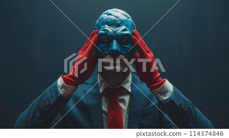 Confident businessman in superhero attire strikes a powerful and resolute pose Confident businessman in superhero attire strikes a powerful and resolute pose 114374846