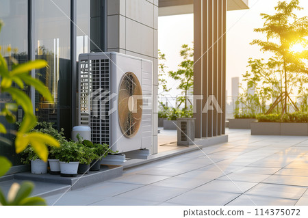 Eco-Friendly Air Source Heat Pump in Urban Residence Eco-Friendly Air Source Heat Pump in Urban Residence 114375072