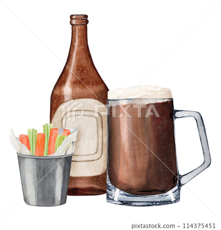 Hand-drawn watercolor illustration of snack bucket of carrots and celery. International beer day. Beer festival. Hand-drawn watercolor illustration of snack bucket of carrots and celery. International beer day. Beer festival. 114375451