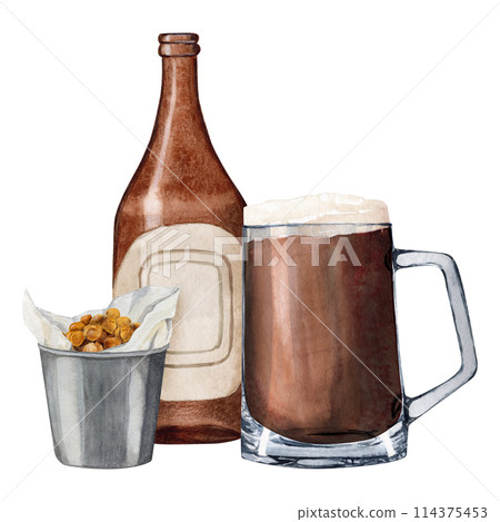 Hand-drawn watercolor illustration of snack bucket of refried beans. International beer day. Beer festival. 114375453