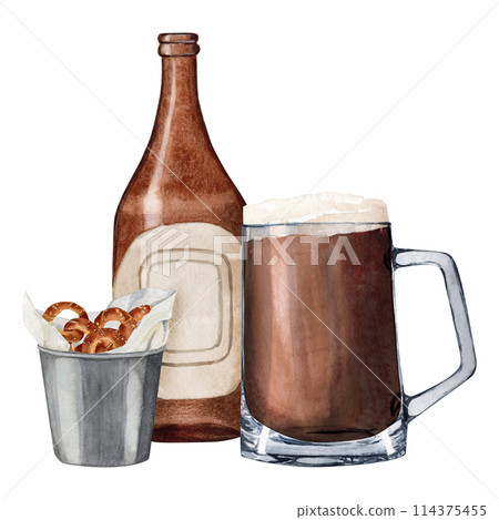 Hand-drawn watercolor illustration bottle of beer with glass of beer and snack bucket of pretzels 114375455