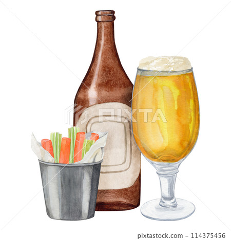 Hand-drawn watercolor illustration of snack bucket of carrots and celery. International beer day. Beer festival. Hand-drawn watercolor illustration of snack bucket of carrots and celery. International beer day. Beer festival. 114375456