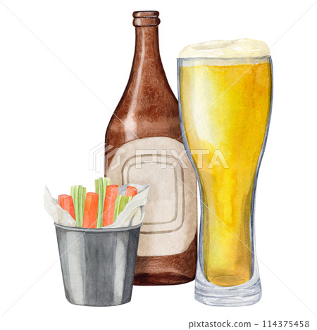 Hand-drawn watercolor illustration of snack bucket of carrots and celery. International beer day. Beer festival. Hand-drawn watercolor illustration of snack bucket of carrots and celery. International beer day. Beer festival. 114375458