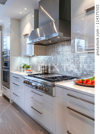 Contemporary kitchen with glossy white cabinets and a pop of color from a mosaic backsplash Contemporary kitchen with glossy white cabinets and a pop of color from a mosaic backsplash 114375505