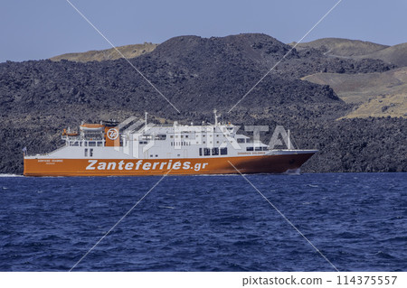 Greece, Santorini, boat of the Zante Ferries ferry company in front of Fira 114375557