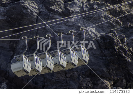 Greece, Santorini, cabins of the cable car between the port of Fira and the city center 114375583