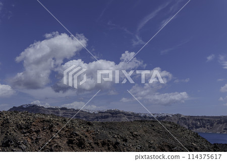 Greece, Santorini, View of the volcano on the island of Nea Kameni Greece, Santorini, View of the volcano on the island of Nea Kameni 114375617