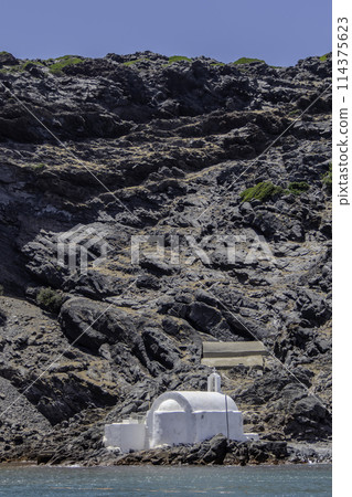 Greece, Santorini, Church on the beach of hot water thermal springs 114375623