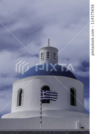 Greece, Santorini, Oia, Church of Panagia Akathistos Hymn, roof with the Greek flag Greece, Santorini, Oia, Church of Panagia Akathistos Hymn, roof with the Greek flag 114375656