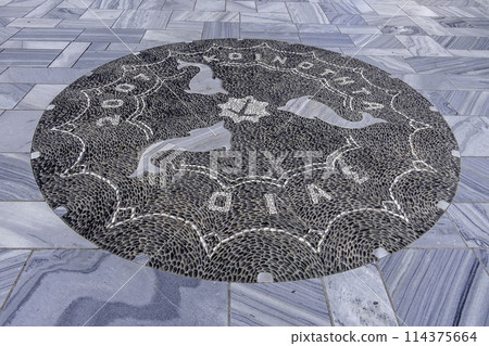 Greece, Santorini, Oia, Decorative mosaic in front of Church of Panagia Akathis Hymn Greece, Santorini, Oia, Decorative mosaic in front of Church of Panagia Akathis Hymn 114375664