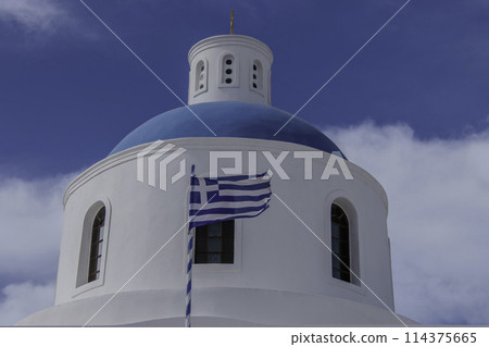 Greece, Santorini, Oia, Church of Panagia Akathistos Hymn, roof with the Greek flag Greece, Santorini, Oia, Church of Panagia Akathistos Hymn, roof with the Greek flag 114375665