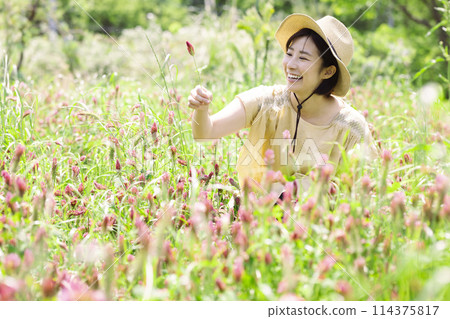 Woman picking flowers Woman picking flowers 114375817