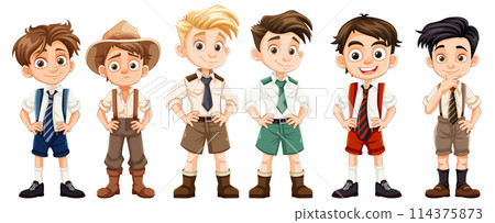 Diverse Group of Cartoon Schoolboys Diverse Group of Cartoon Schoolboys 114375873