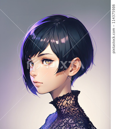 Black lace short hair young woman illustration art 114375986