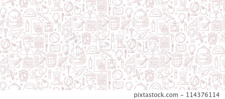 School and education seamless pattern, colorful vector line icons. Back to school banner with symbols of knowledge, learning, study, stationery. For cover, wrapping paper, textile print, web design School and education seamless pattern, colorful vector line icons. Back to school banner with symbols of knowledge, learning, study, stationery. For cover, wrapping paper, textile print, web design 114376114