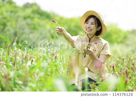 Woman picking flowers 114376128