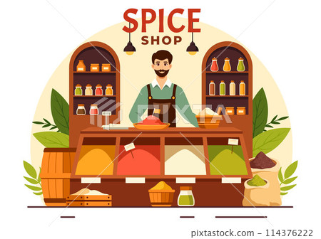 Spice Shop Vector Illustration With Different Hot Sauces, Condiment, Exotic Fresh Seasoning and Traditional Herbs in Flat Cartoon Background 114376222