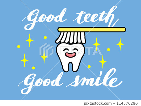 Cute teeth and "good teeth good smile" calligraphy illustration 114376280
