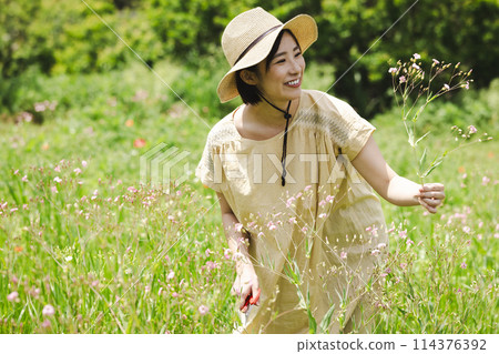 Cute woman picking flowers Cute woman picking flowers 114376392
