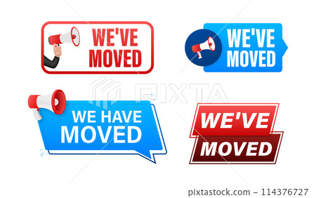 We have moved text with Megaphone label set. Megaphone in hand promotion banner. Marketing and advertising 114376727