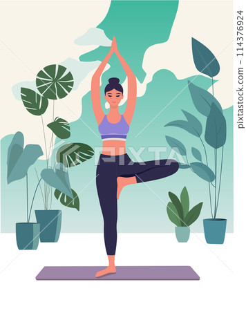 Young teen girl, doing yoga pose among flowers 114376924