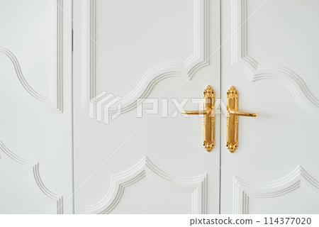 Close-up of white baroque doors with classic golden handles and ornaments.  114377020