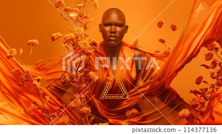 Fashion Model in Orange Draped Fabric with Geometric Necklace Fashion Model in Orange Draped Fabric with Geometric Necklace 114377136